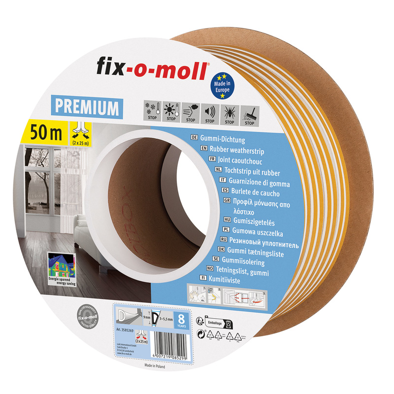 Fix-o-moll tochtband zelfklevend D 9x6mm 50m wit