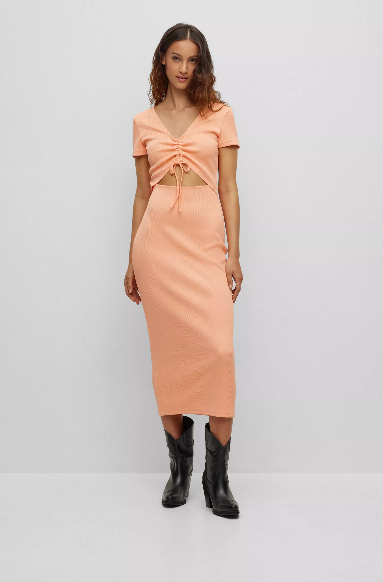 Vestido midi vermelho HUGO em jérsei com detalhe vazado