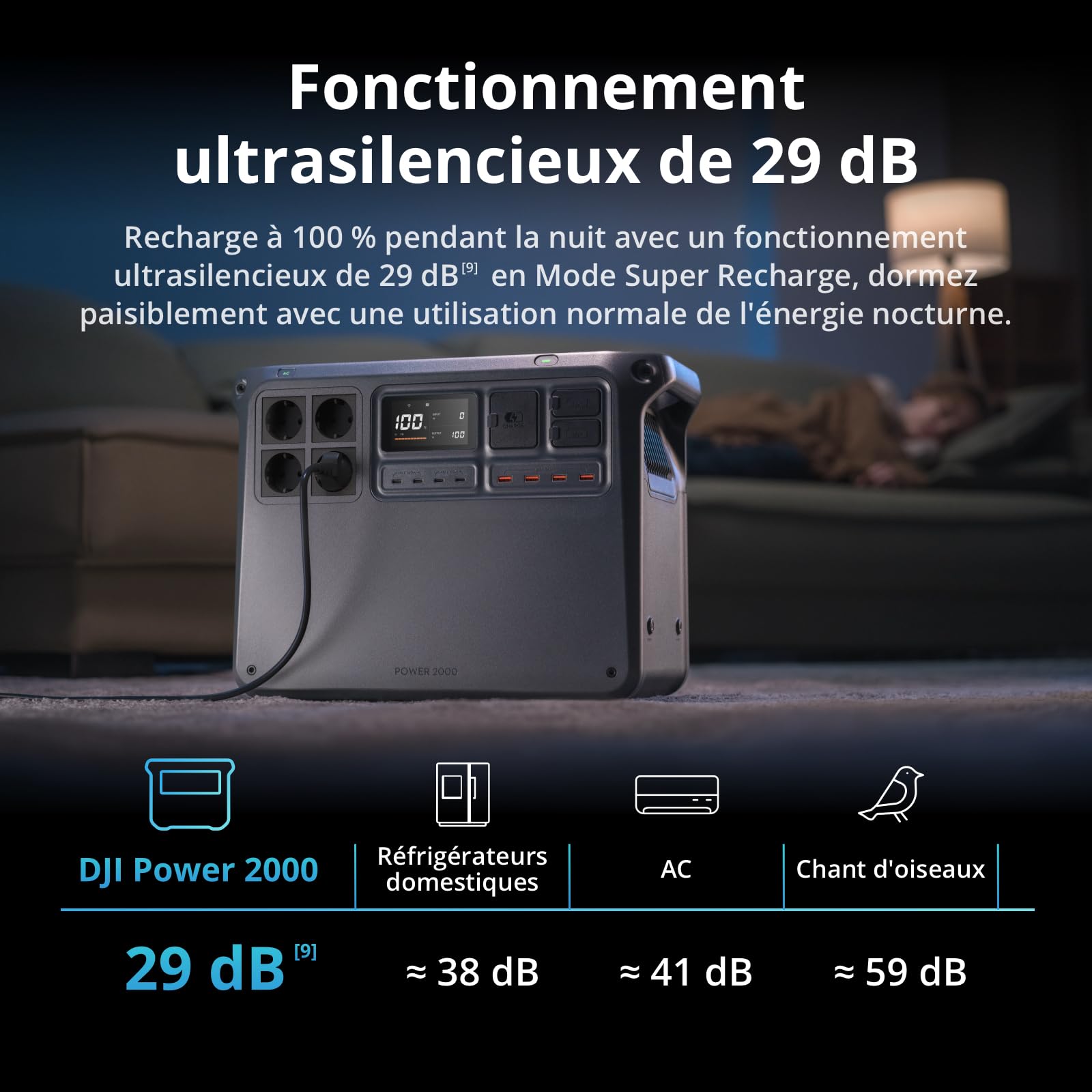 DJI Power 2000, station électrique portable 2 048 Wh (Batterie LFP), format compact, sortie stable de 3 000 W, recharge de 0–80% en 45 min, générateur