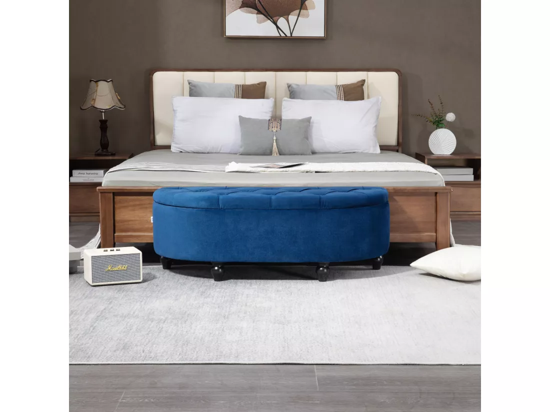Pouf de rangement coffre 2 en 1 - pouf design classique chic capitonné demi-cercle - pieds bois hévéa noir revêtement velours bleu roi