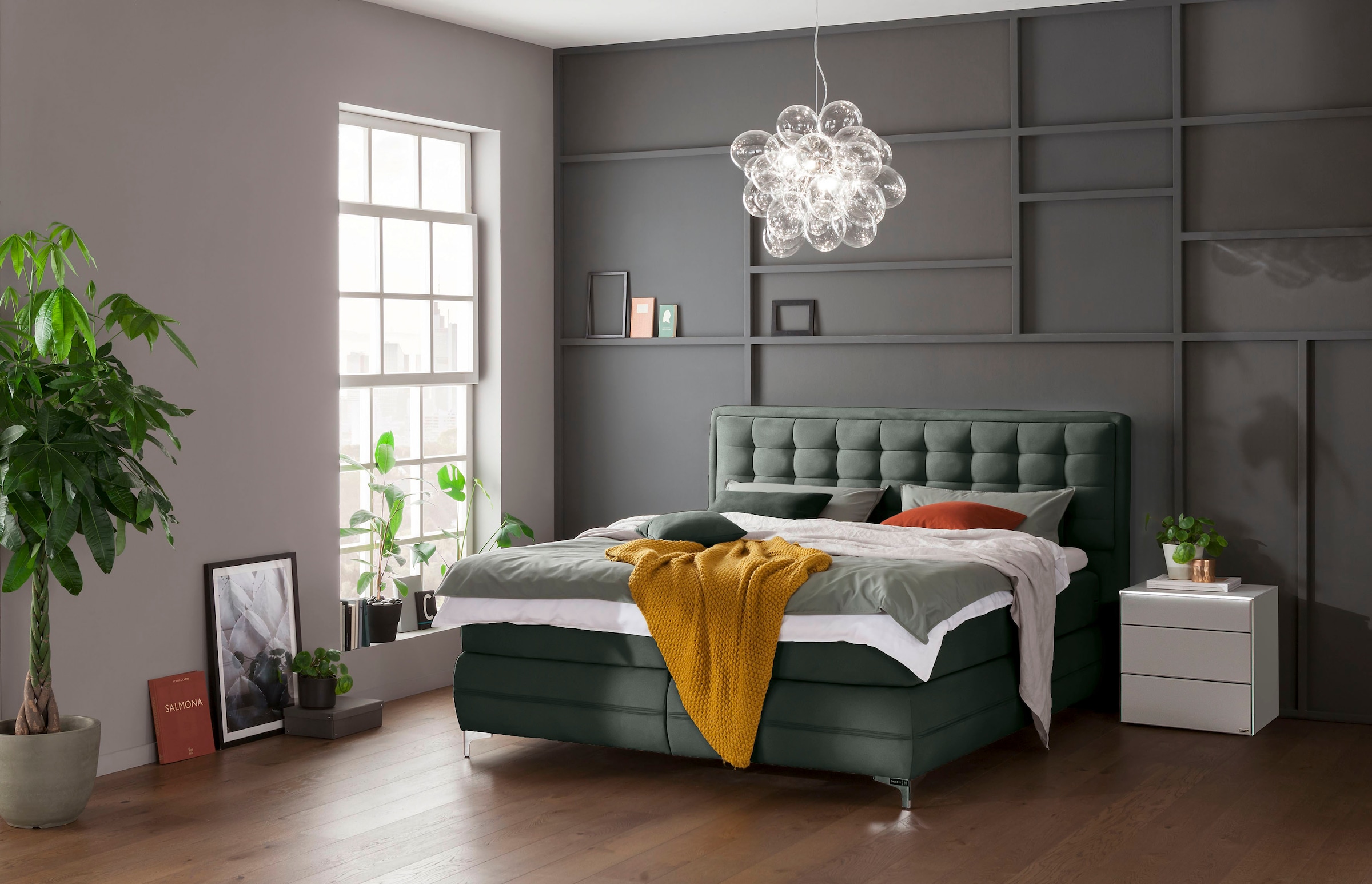 Musterring Boxspringbett »Dubai« Winkelfuss in Chrom, 3 Härtegrade, Kopfteil in Kassettensteppung