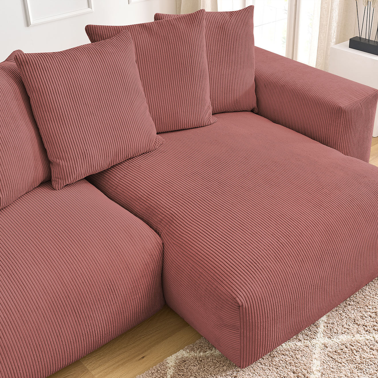 Bobochic Canapé d'angle réversible ultra moelleux voltaire velours côtelé rose - 310x174x75 cm