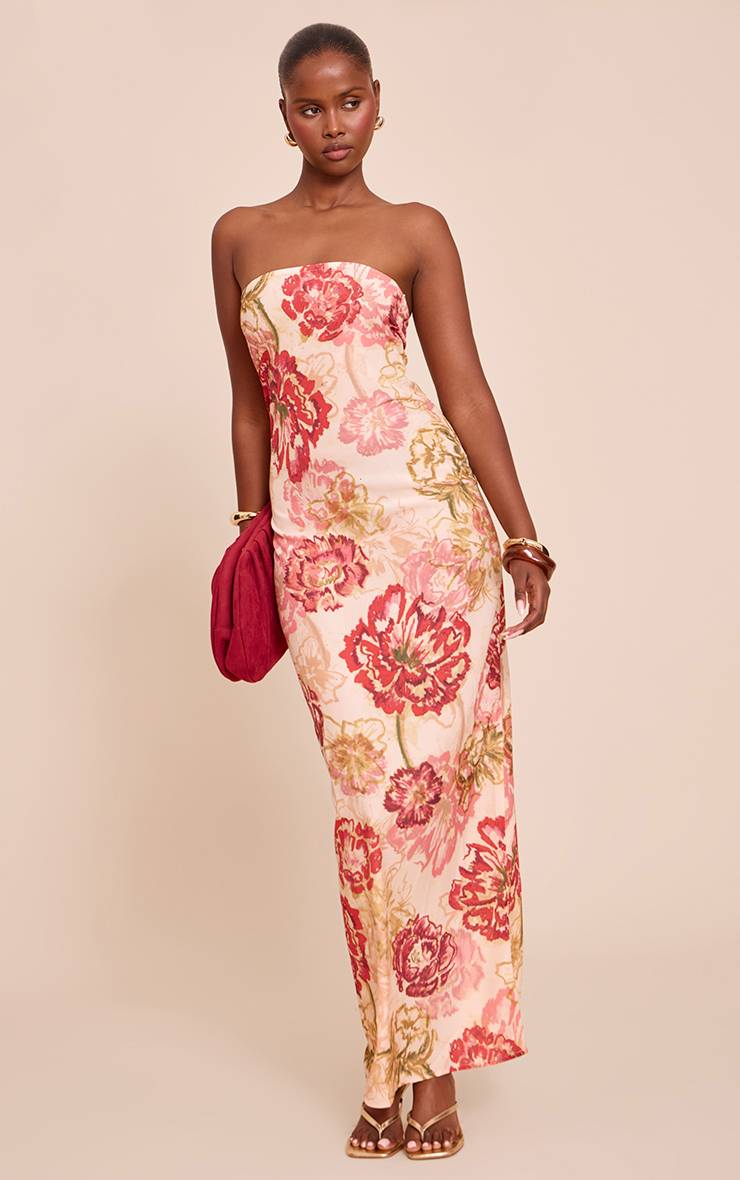 Multicolore Robe Longue Bustier En Mousseline À Imprimé Fleuri