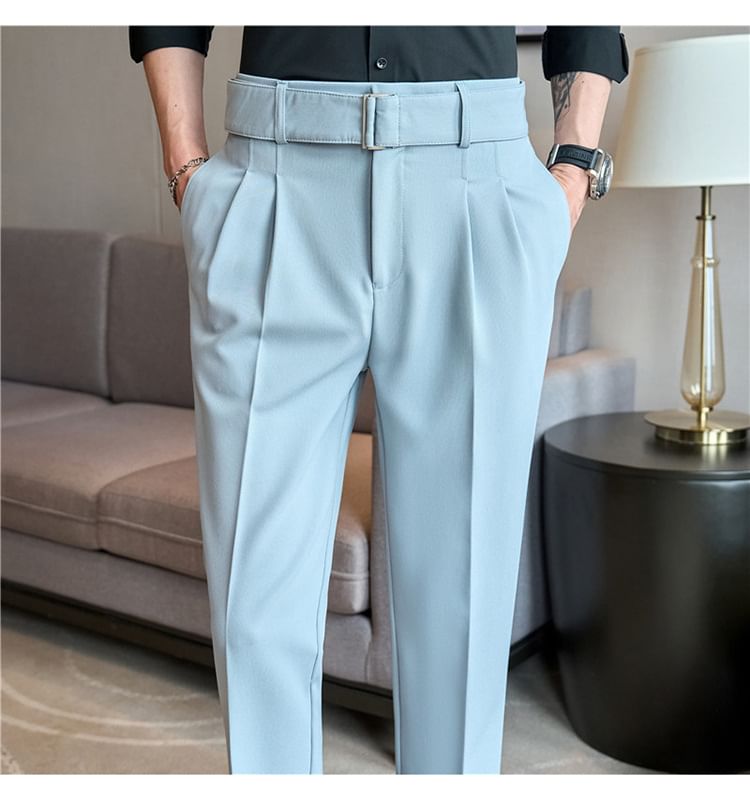 Lefitt - Set: Mid Rise Plain Cropped Straight Leg Dress Pants + Belt