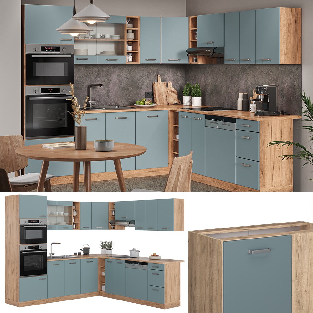 Vicco Eckküche R-Line Solid Eiche Blau Grau 247x237 cm modern Küchenschränke Küchenmöbel