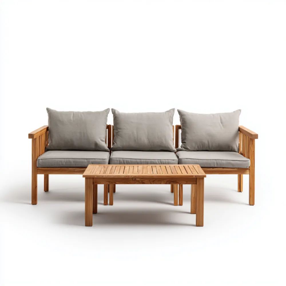 Garten-Sofaset Holz 200x75x85 cm – Hellgrau – Naturdesign mit Tisch 10
