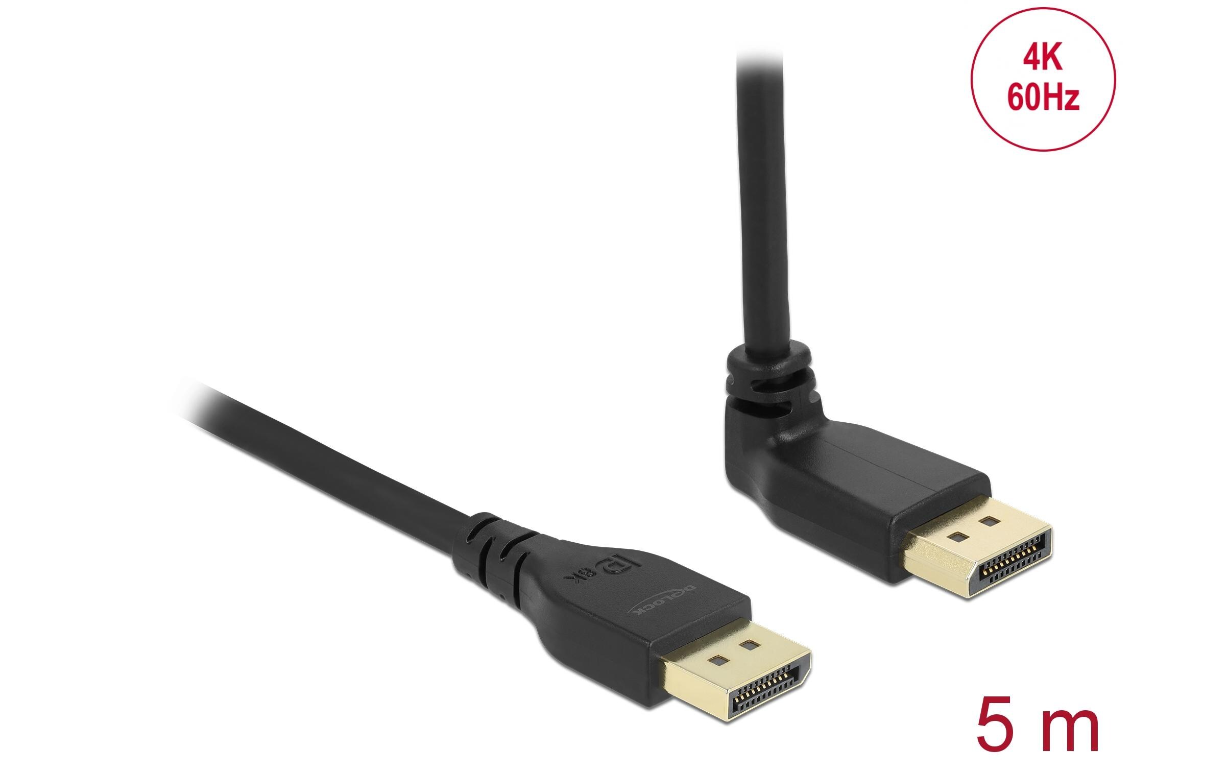 Kabel Oben gewinkelt DisplayPort - DisplayPort, 5 m, 4K 60HzDelock DisplayPort 1.2 Kabel Stecker gerade zu Stecker 90° oben gewinkelt 4K 60 Hz 5 m ohne Einrastfunktion