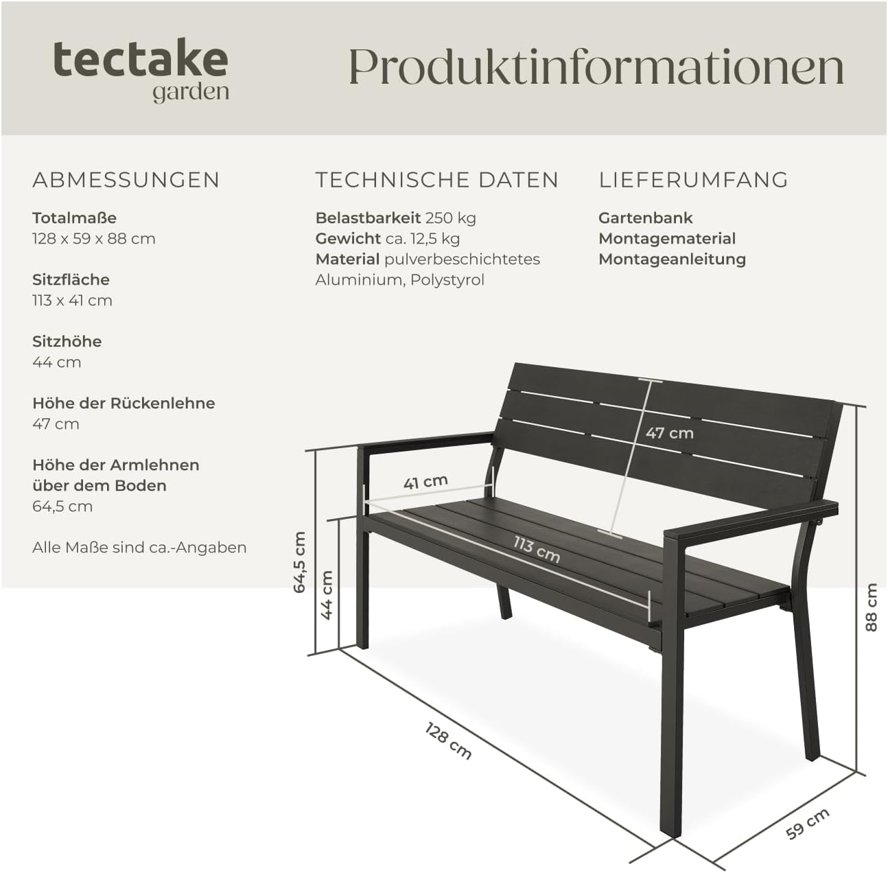 tectake® Gartenbank, Bank in Holzoptik, Parkbank als Gartenmöbel, Balkonbank Sitzbank für Wintergarten, Terrasse, Garten bis 250 kg belastbar, 2-Sitzer Parkbank, 128 x 59 x 88 cm - dunkelgrau