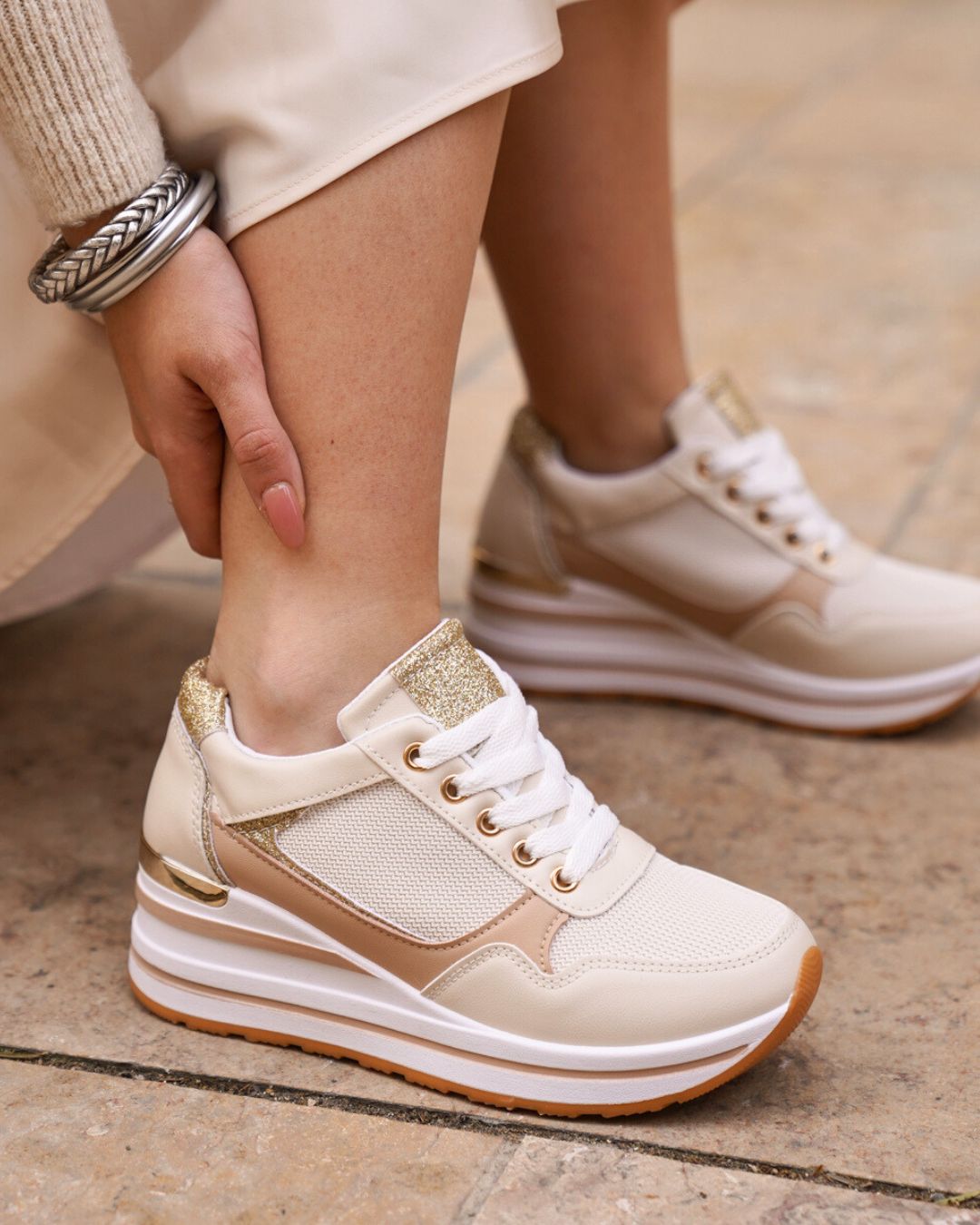 Basket compensée femme beige à lacets - Mira