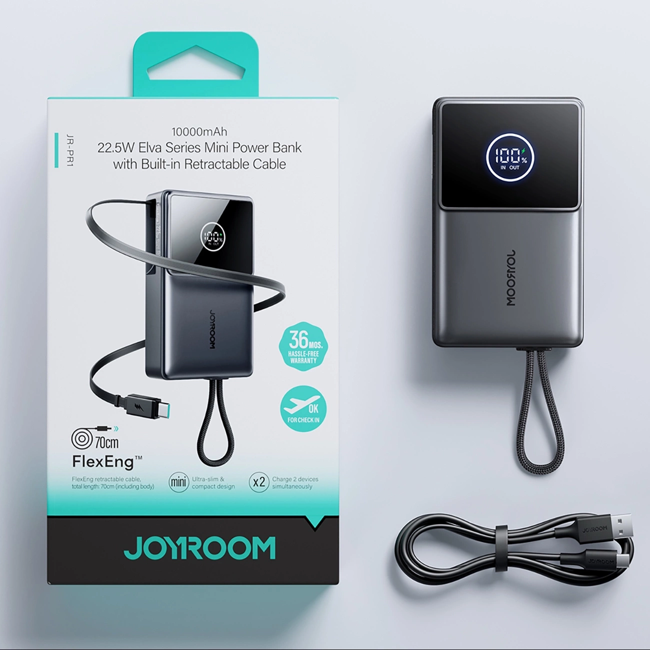 (22.5W) 10000mAh USB A / USB C Powerbank Power Delivery Ladegerät inkl. USB C Ladekabel mit LED Anzeige (JR-PR1) - Schwarz