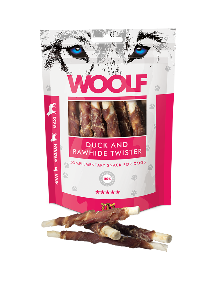 Woolf Duck And Rawhide Twister 100g<br>Naturlig og proteinrik! Zip-lås pose
