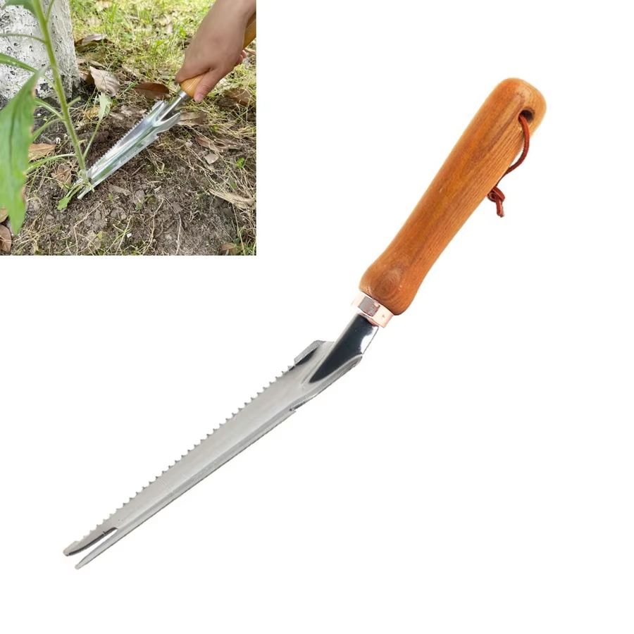 (34cm) 3in1 Edelstahl Hand Schaufel Garten Werkzeug Unkraut Stecher Wurzel Säge mit Holz Griff - Braun / Silber