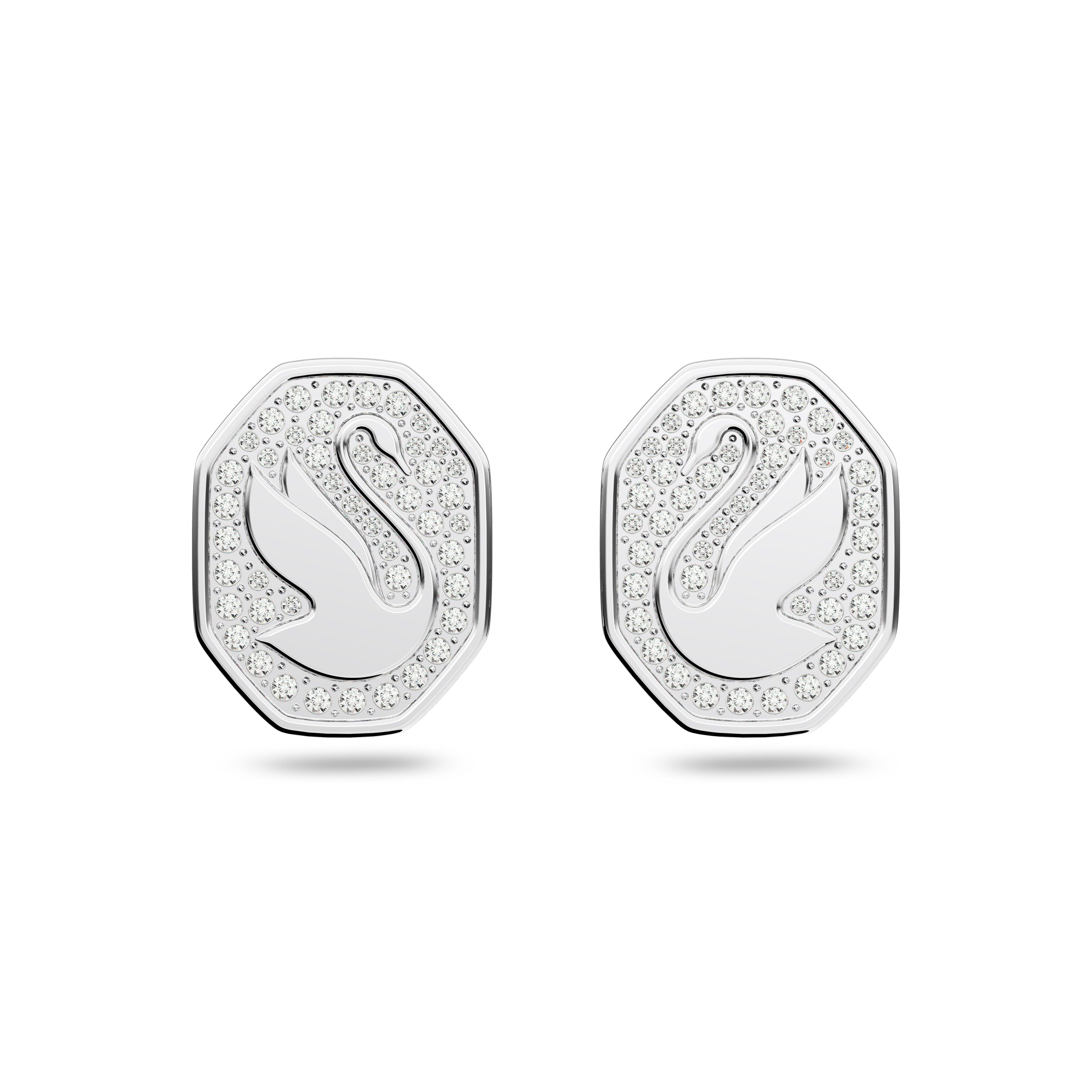 Swarovski Swan stud earrings, Swan, White, Rhodium plated