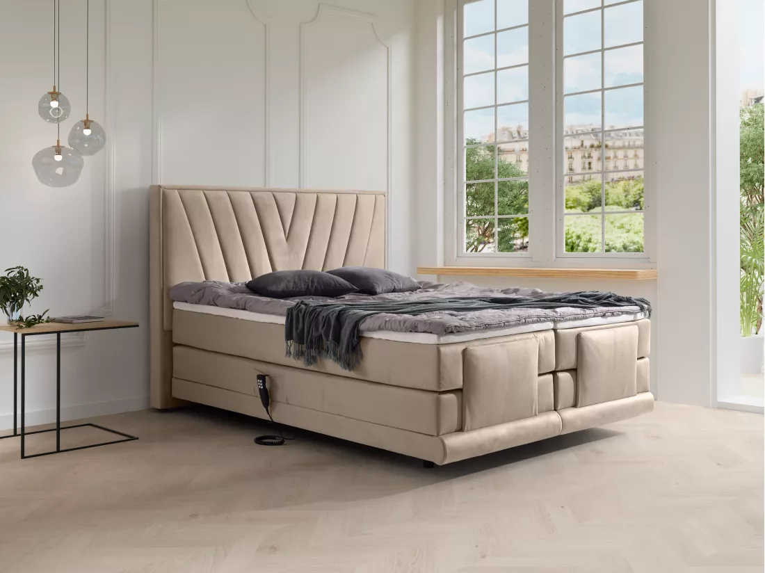 Ensemble complet boxspring tête de lit + sommiers relaxation électrique + matelas + surmatelas - 2 x 90 x 200 cm - Velours - Beige - LUMONI de YSMÉE