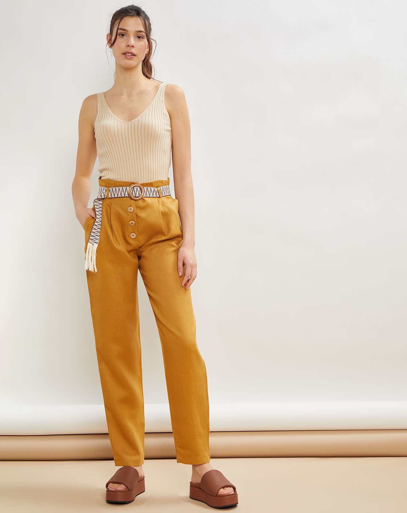 La Petite Francaise Pantalon 100% Lin Peter ocre
