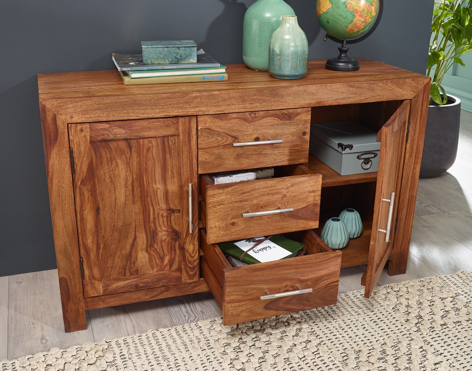 FineBuy Sheesham Massiv Sideboard 118 x 40 cm Massivholz Kommode Anrichte