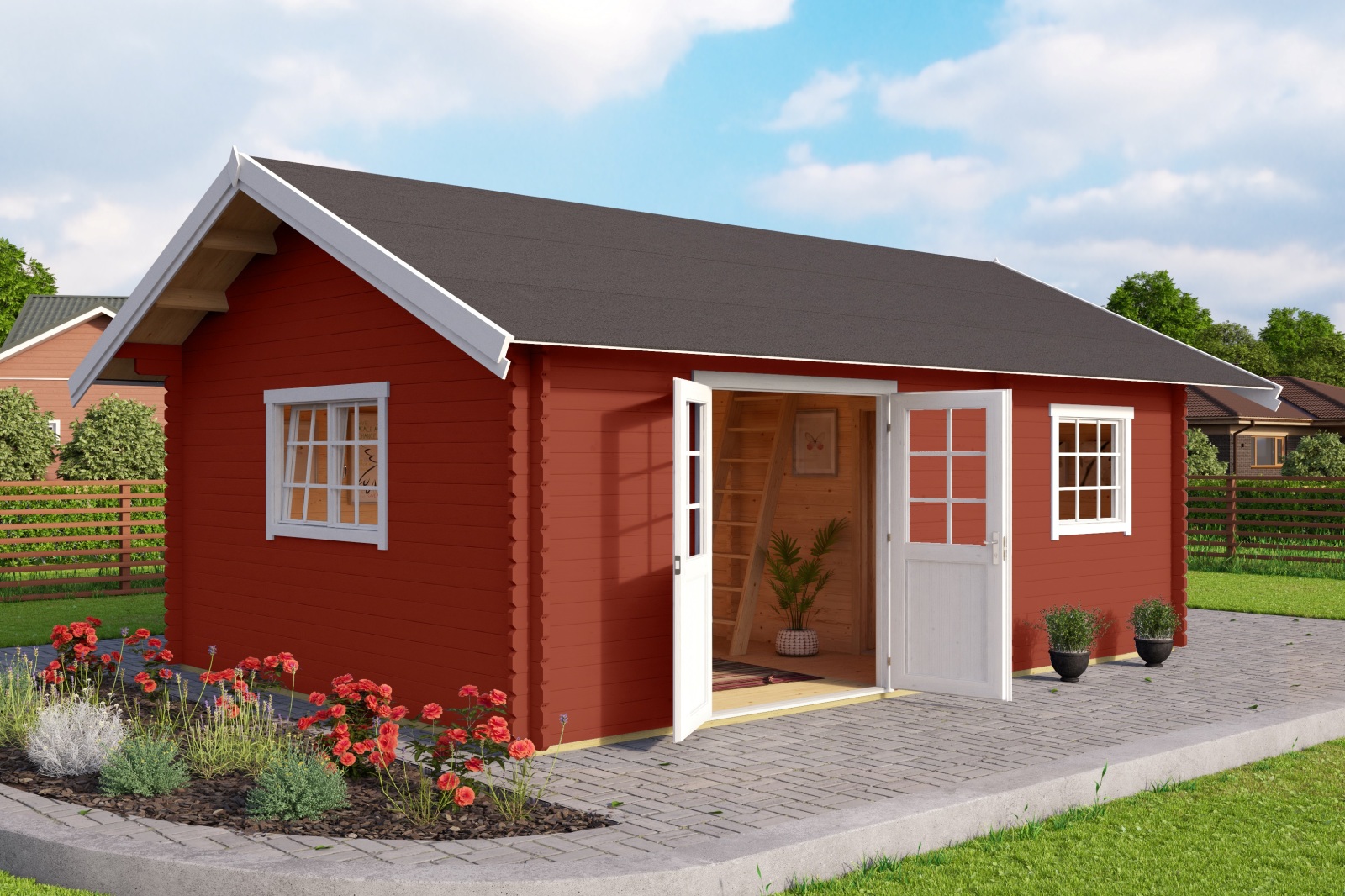 Gartenhaus CAROLINE SET GOLD - schwedenrot - Fichte massiv - 575x390 cm
