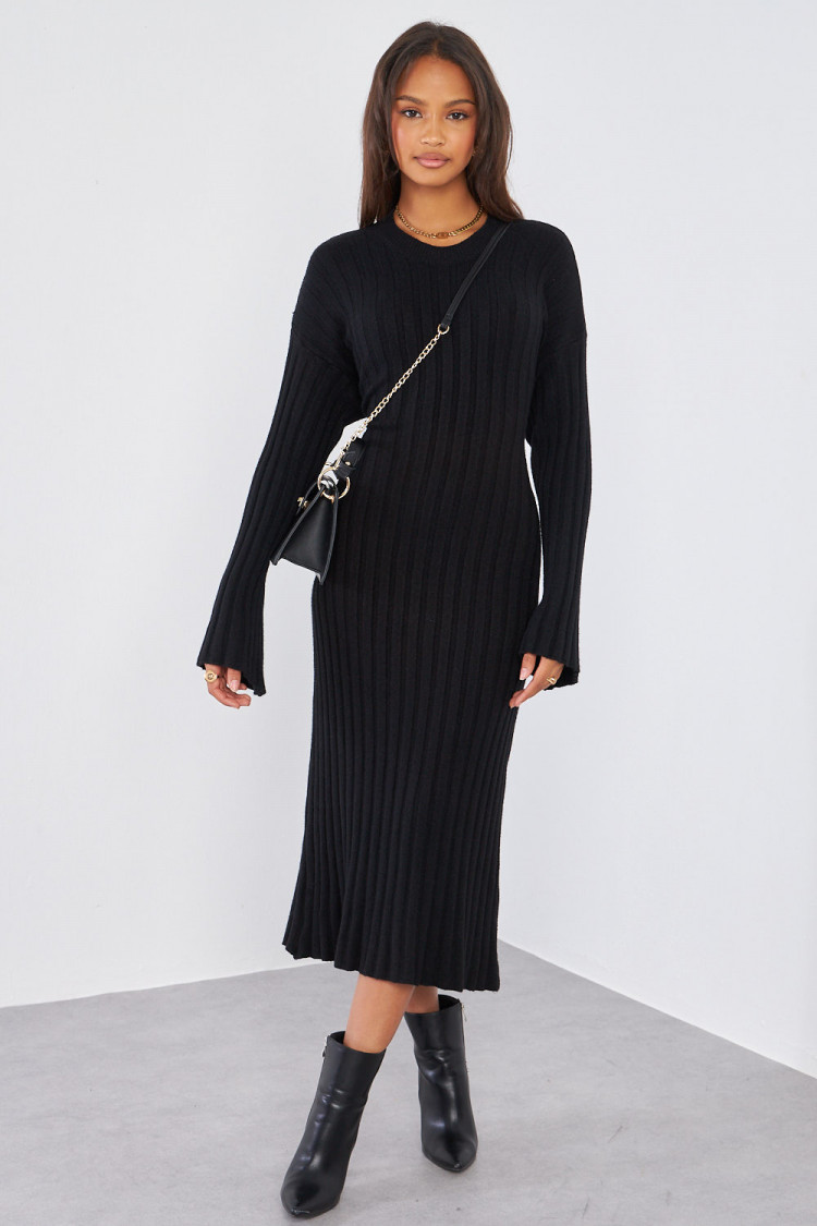 Robe noire moulante longue côtelée
