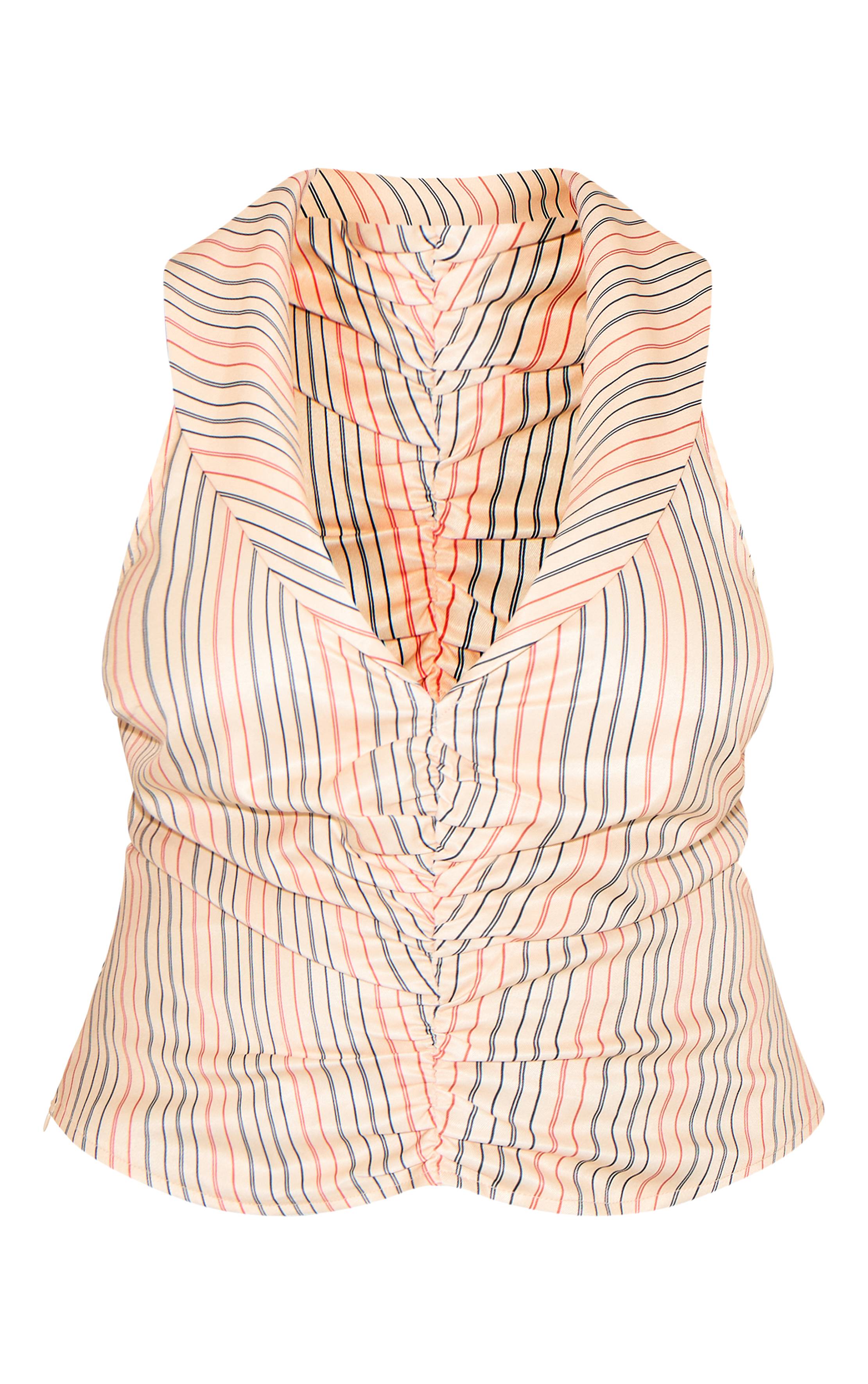Beige Top Grande Taille Sans Manches À Rayures Plongeant Froncé