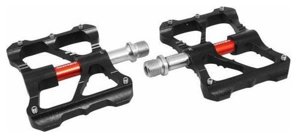 pedale bmx-vtt descente noir axe rouge a roulements alu cnc filetage 9-16 avec picots argent