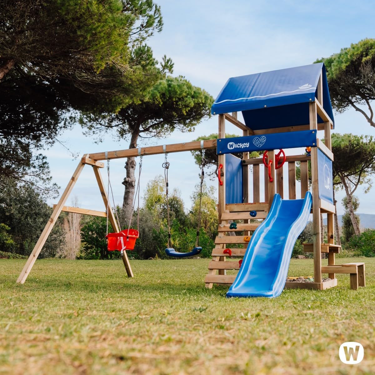 Wickey Spielturm DinkyHouse mit Picknicktisch - pastellgrüne Rutsche & Plane - Kinder Kletterturm für den Garten aus Massivholz - 334x317x247 cm