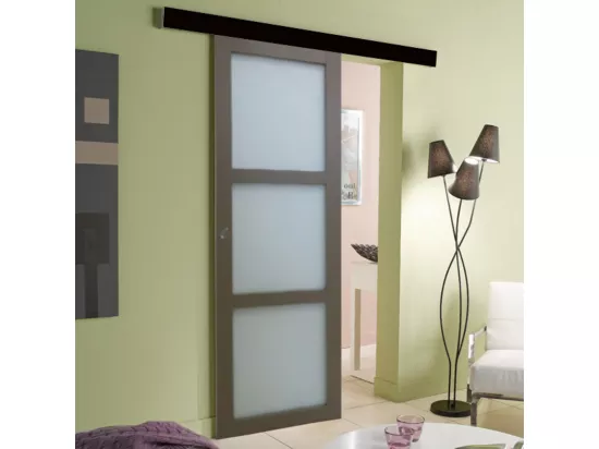 Porte Coulissante Marron Ral7006 Vitrée H204 X L83 + Rail Alu Bandeau Noir Gd Menuiseries