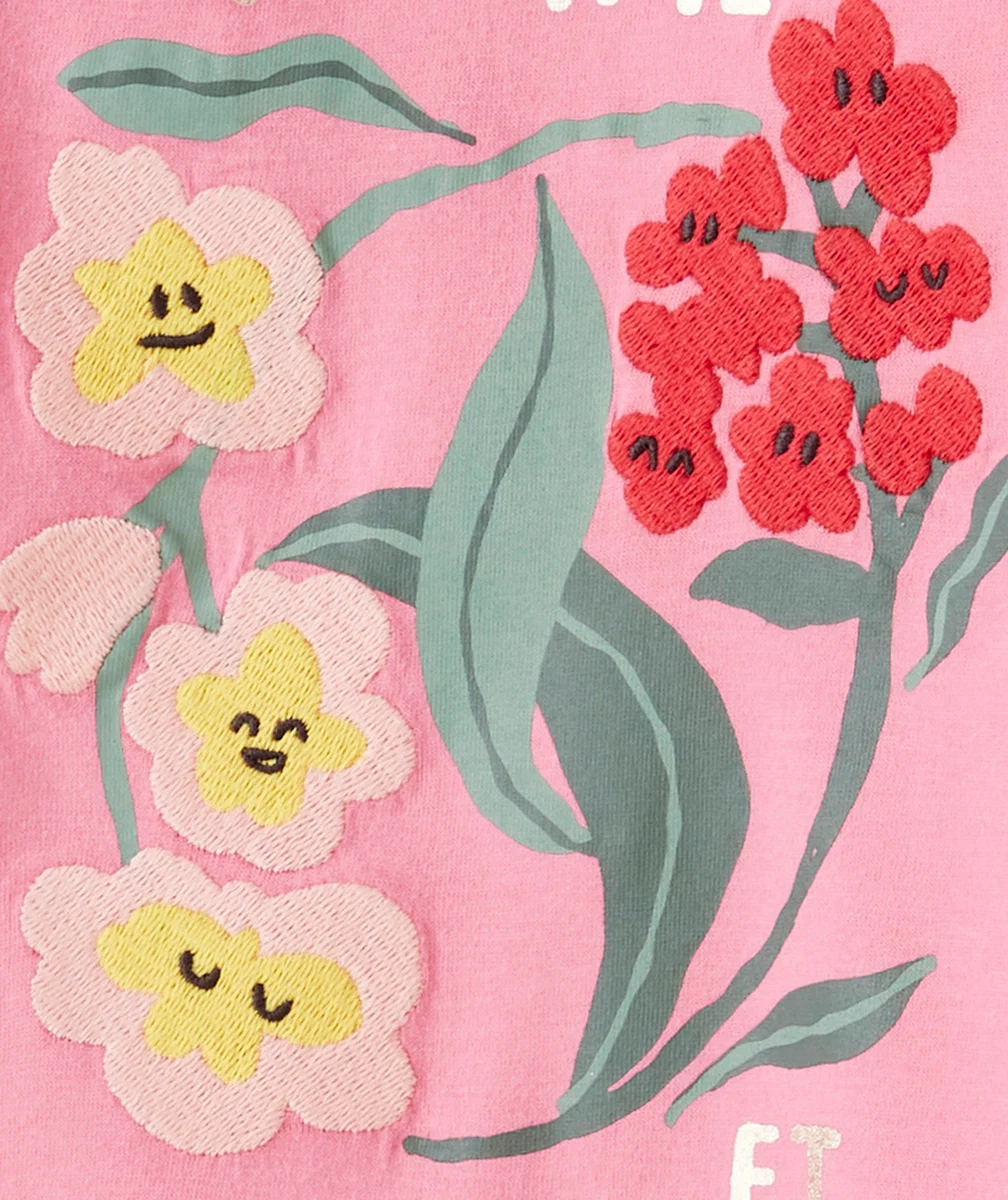 T-SHIRT MANCHES LONGUES BÉBÉ FILLE EN COTON BIO ROSE MOTIF FLEURS BRODÉES