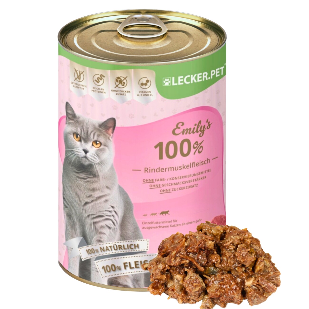 Lyra Pet Lecker.Pet Emily's 100 % Rindermuskelfleisch Katzenfutter Nassfutter 6x400 g