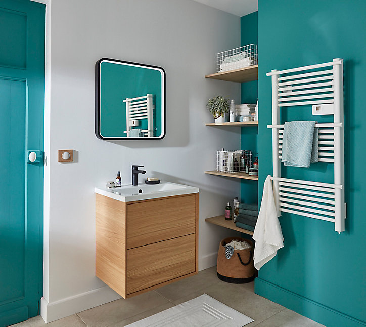 Meuble sous vasque à suspendre GoodHome Avela placage chêne 60 cm + plan vasque Duala