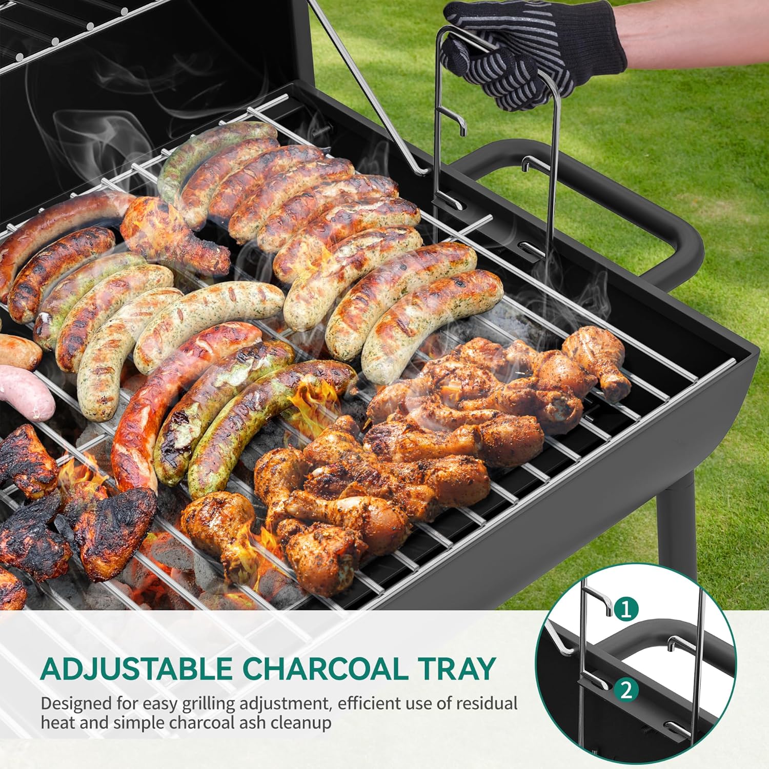 YITAHOME M Holzkohlegrill BBQ Smoker Grillwagen mit Höhenverstellbare Kohlenstoffpfanne & Thermometer, Standgrill für Party, Camping, Garten, inkl. Küchenzange