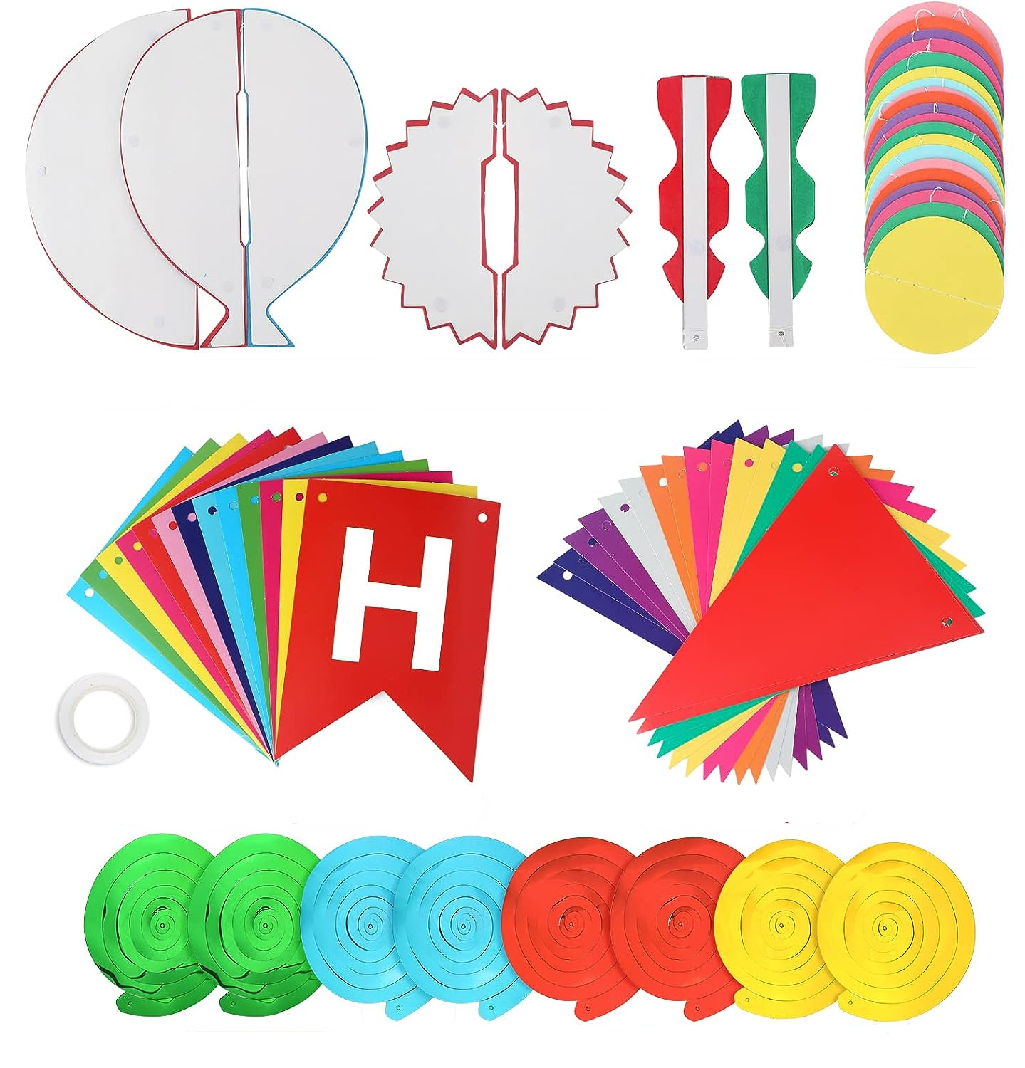 (18-tlg. Set) Happy Birthday Girlande Kinder Geburtstags Party Deko inkl. Pompon's / Papier Fächer /  Spiralen Girlande - Regenbogen