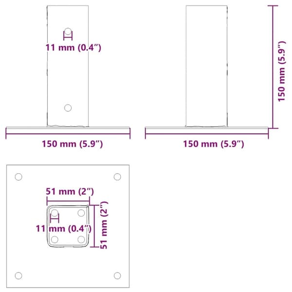vidaXL Stolpebunner firkantet 4 stk 51x51 mm pulverlakkert stål