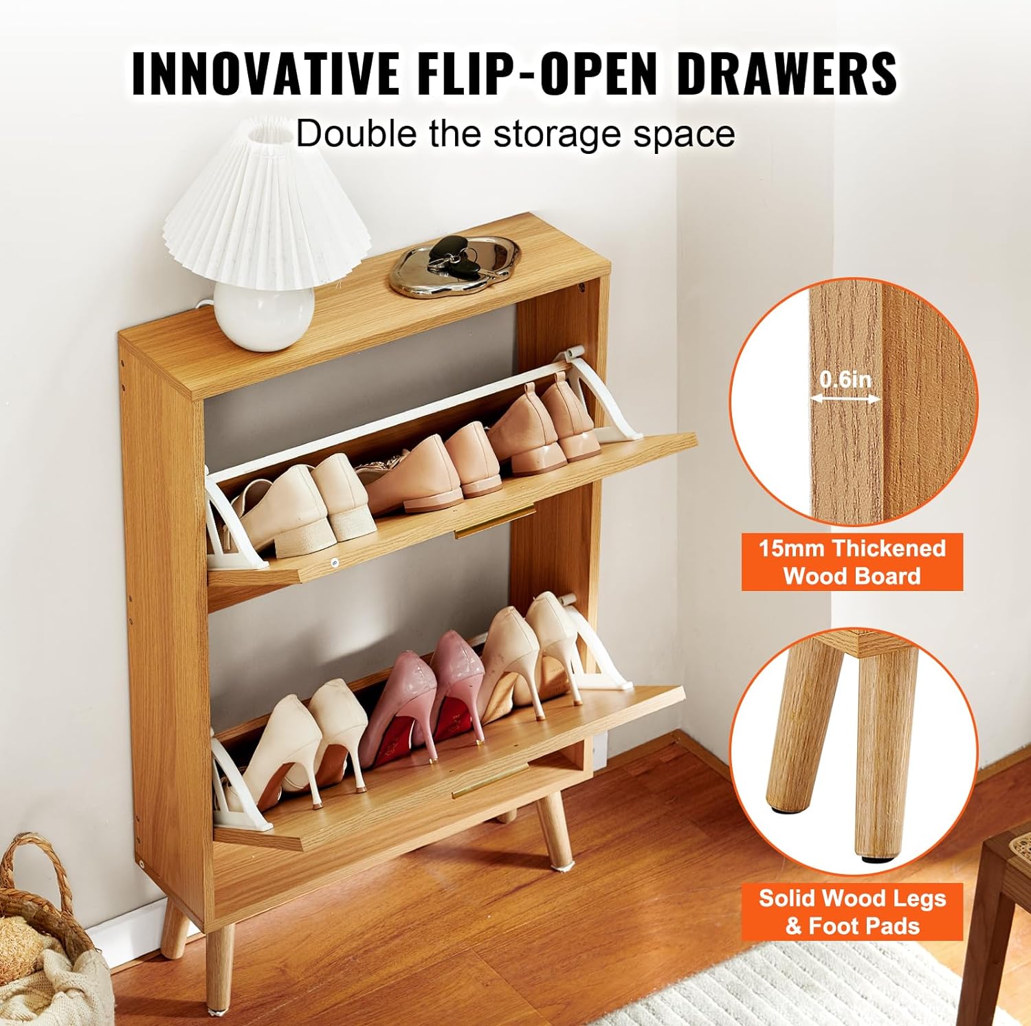 VEVOR Schuhschrank Schmal, Schuhregal Holzfarbe, 600 x 168 x 877 mm Schuhkipper mit 2 Klappen + oberem Staufach, Schuhkommode 36,28 kg Tragfähigkeit, Aufbewahrungsschrank Schuh Massivholz für Flur