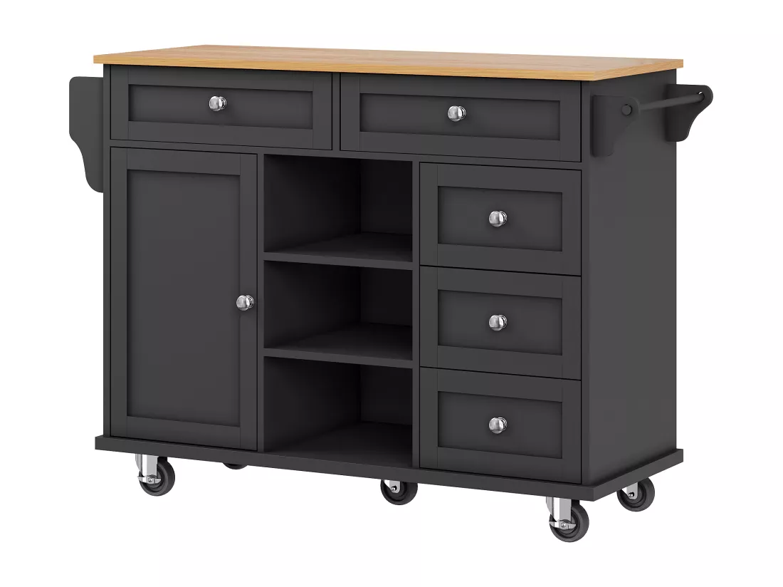 Ilot central de cuisine mobile - 5 tiroirs et 5 compartiments - MDF - Noir