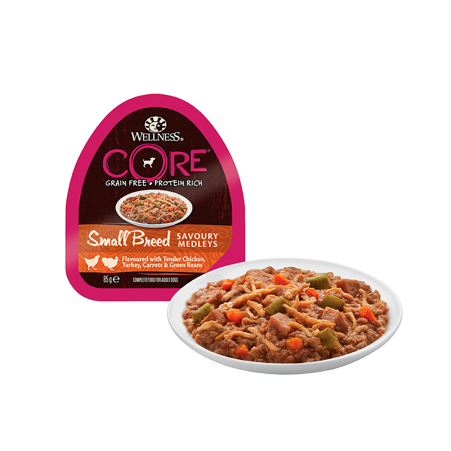Pote de 85g de ração para cães de raças pequenas Wellness Core, sem grãos, com frango e peru.