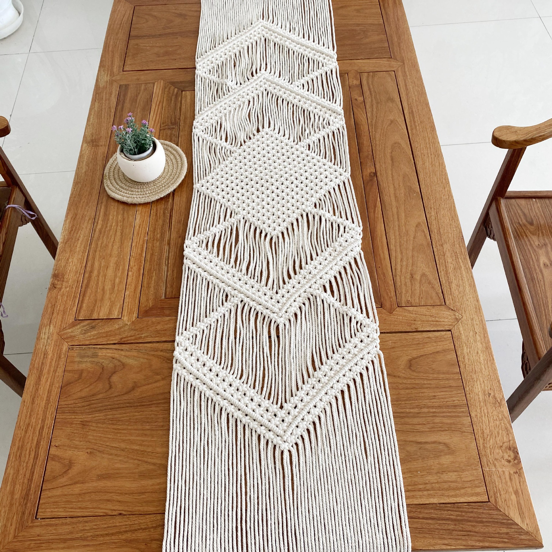 (30x180cm) Makramee Tischläufer Boho Tischtuch Geknüpfte Hygge Lifestyle Tischdecke - Beige