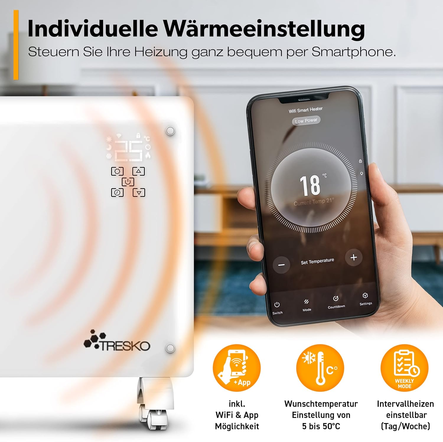 TRESKO® Glaskonvektor 2000W APP WiFi Funktion | Elektroheizung Glasheizung elektrisch | Konvektor Heizung Heizkörper LED-Display & Timer | Elektroheizkörper Stand- oder Wand Heizung