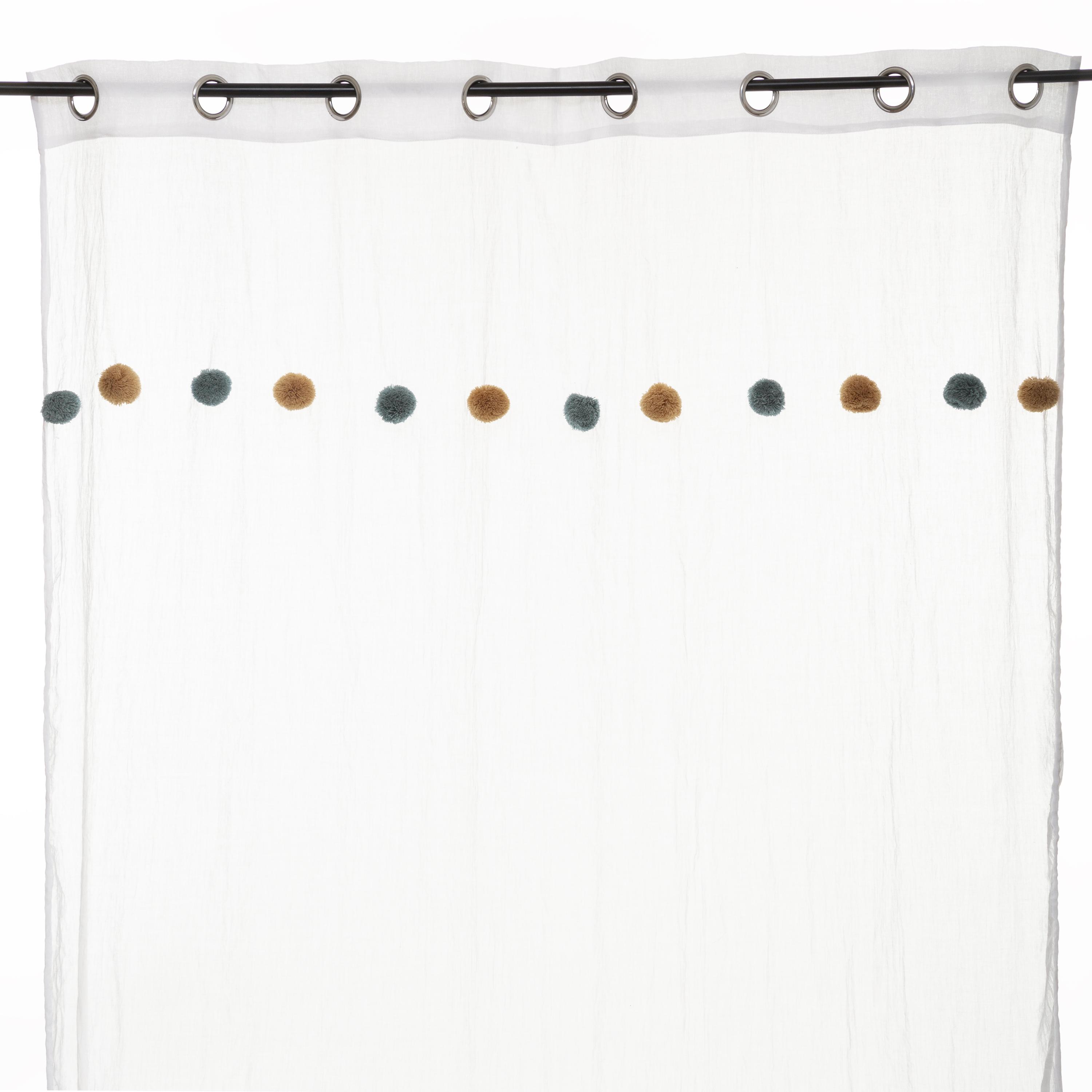 VOILAGE POMPON BLEU OCRE 140X230CM