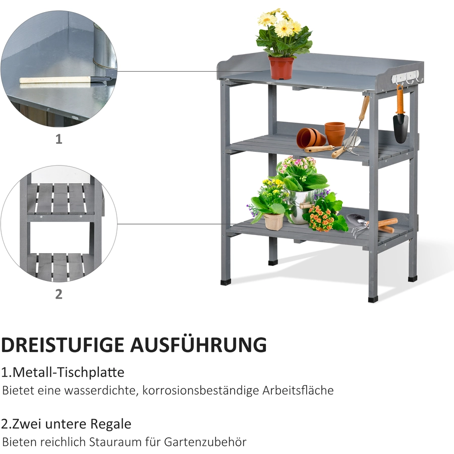 Outsunny Gärtnertisch mit Metall-Arbeitsfläche grau