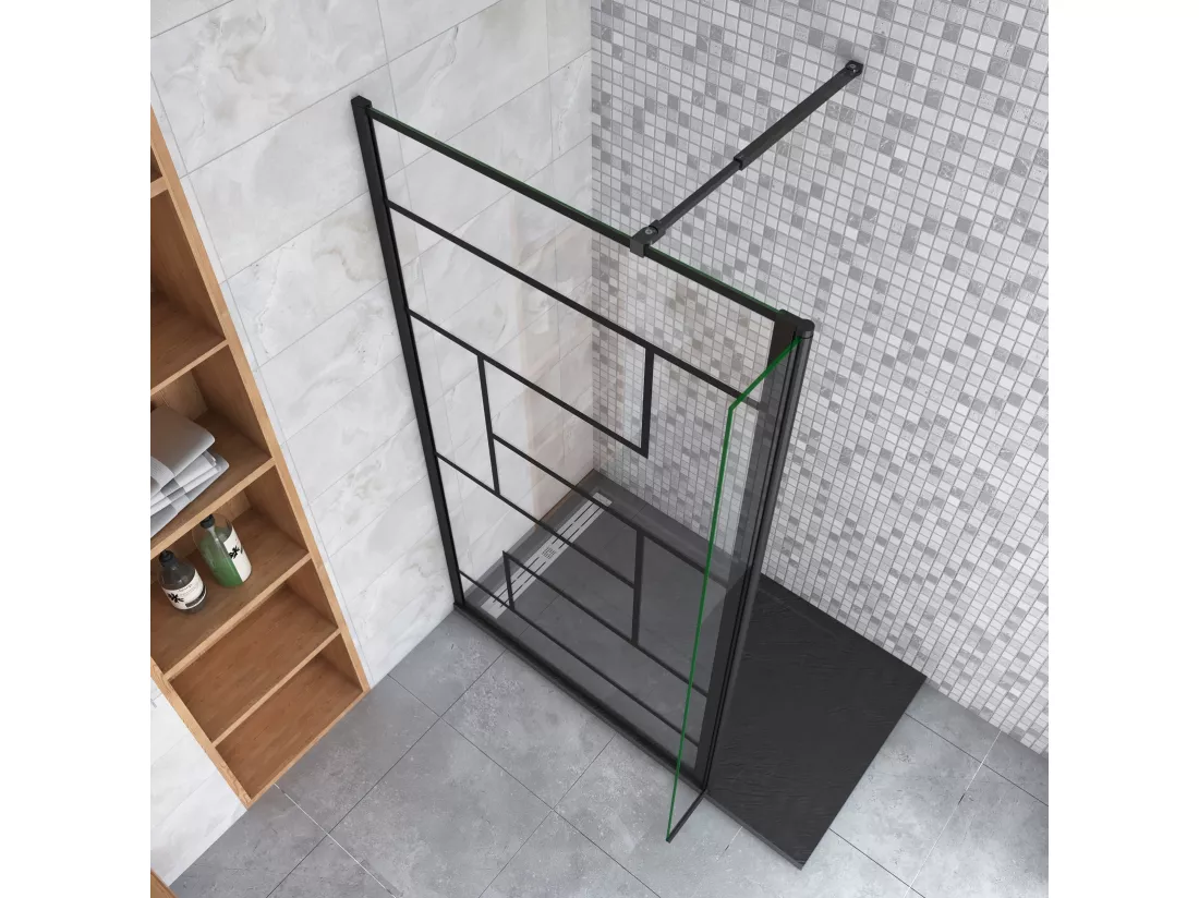 Paroi de douche fixe à l'italienne 100+40x200cm avec retour pivotant - Noir - avec barre de fixation 73-120cm en carré