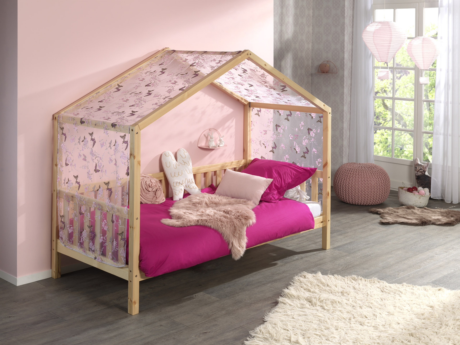 Hausbett DALLAS - natur - Kiefer massiv - 90x200 cm - Textilhimmel