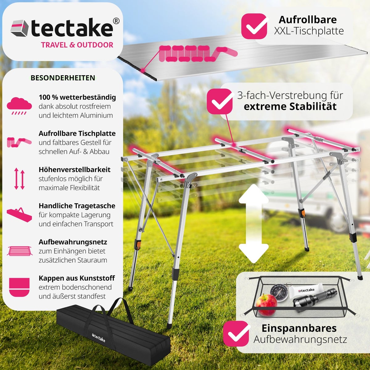 tectake Bastian opvouwbare kampeertafel 120 x 70,5 x 58 – 79 cm
