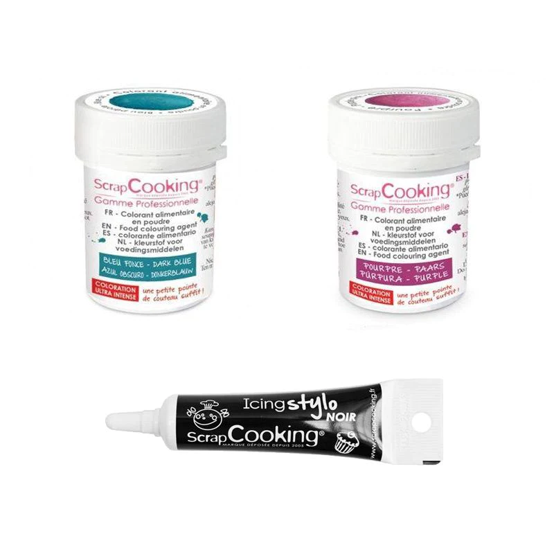 2 colorants alimentaires pourpre-bleu foncé + Stylo glaçage noir Scrap