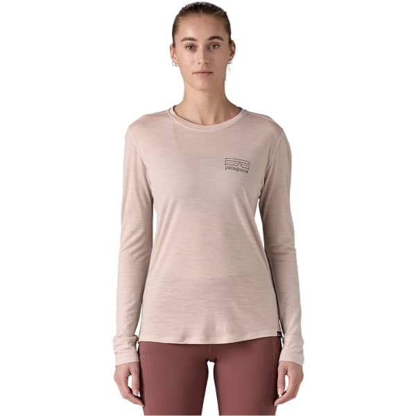 T-shirt randonnée PATAGONIA W'S L/S CAP COOL MERINO BLEND GRAPHIC SHIRT FITZ ROY STRATA/SHROOM TAUPE
