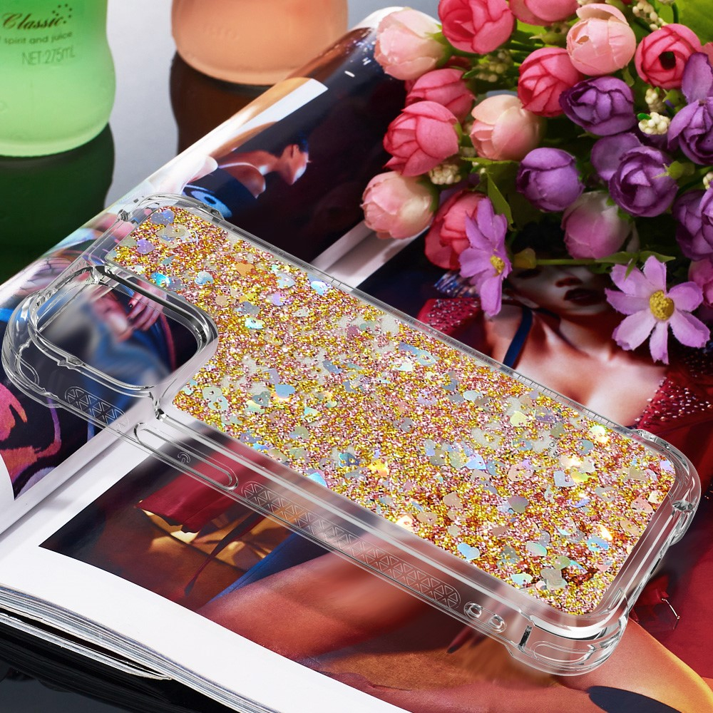 iPhone 13 Hardcase Hülle mit Air Cushion Fallschutz Liquid Case Glitzer Herzen - Gold / Transparent