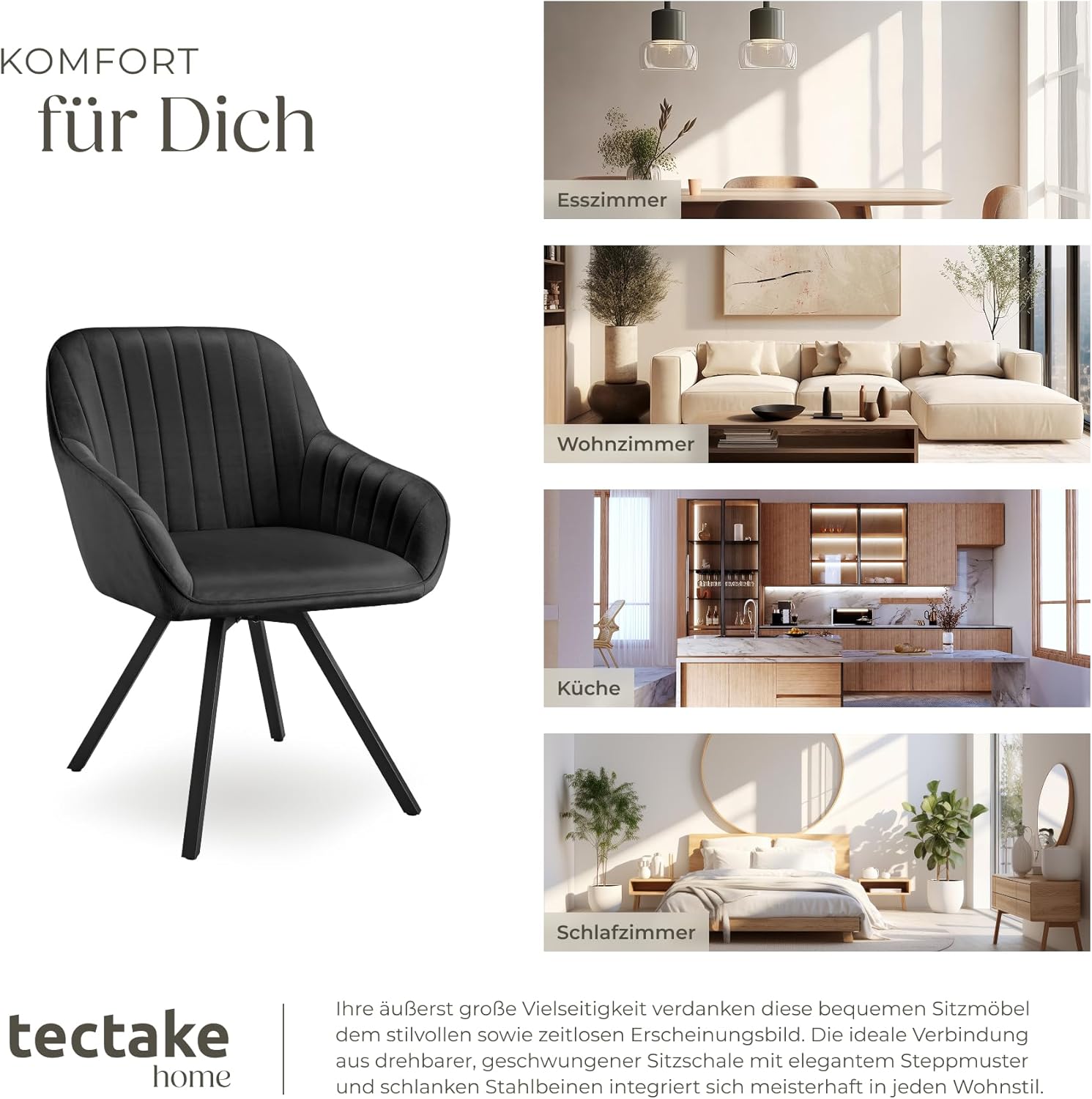 tectake® drehbare Esszimmerstühle mit Armlehne, Schalenstuhl ergonomisch mit Samt Bezug, gesteppt, Stühle drehbar für Wohnzimmer, Esstisch, Arbeitszimmer, Schminktisch, Küchenstühle - 6er Set, schwarz