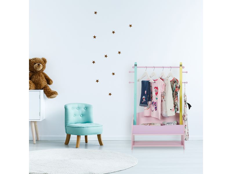 relaxdays Kleiderständer für Kinder 71 x 100.5 cm, Gelb/Ros Garderobenständer mit Kleiderstange, Haken und Ablagen