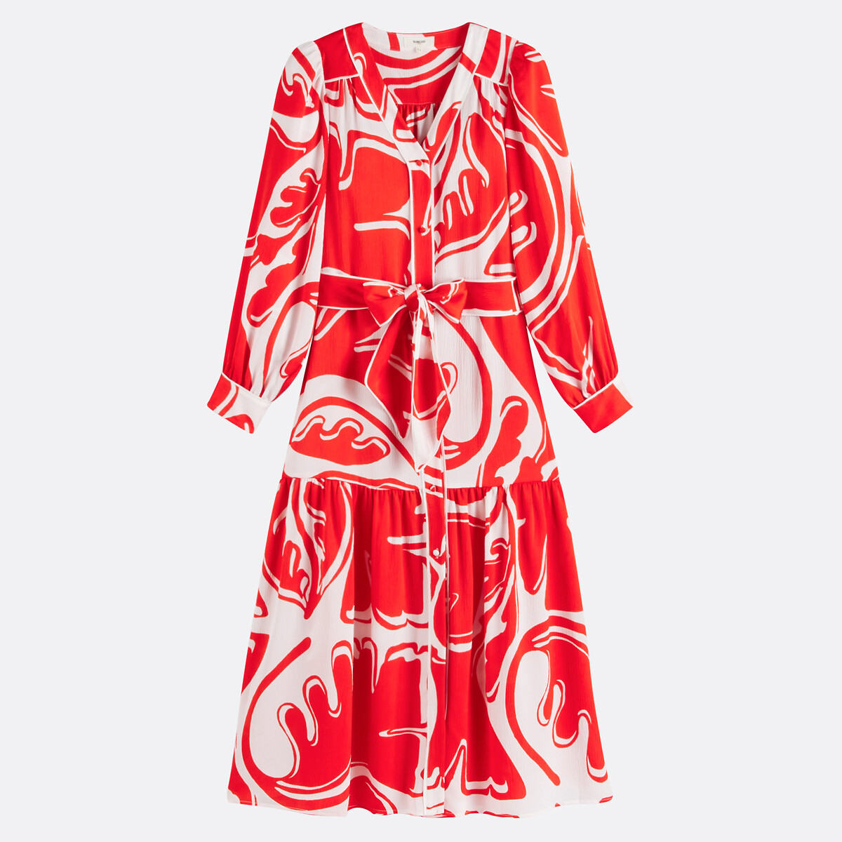 SUNCOO<br>Vestido fluido estampado com decote em V e cinto, CINDIA