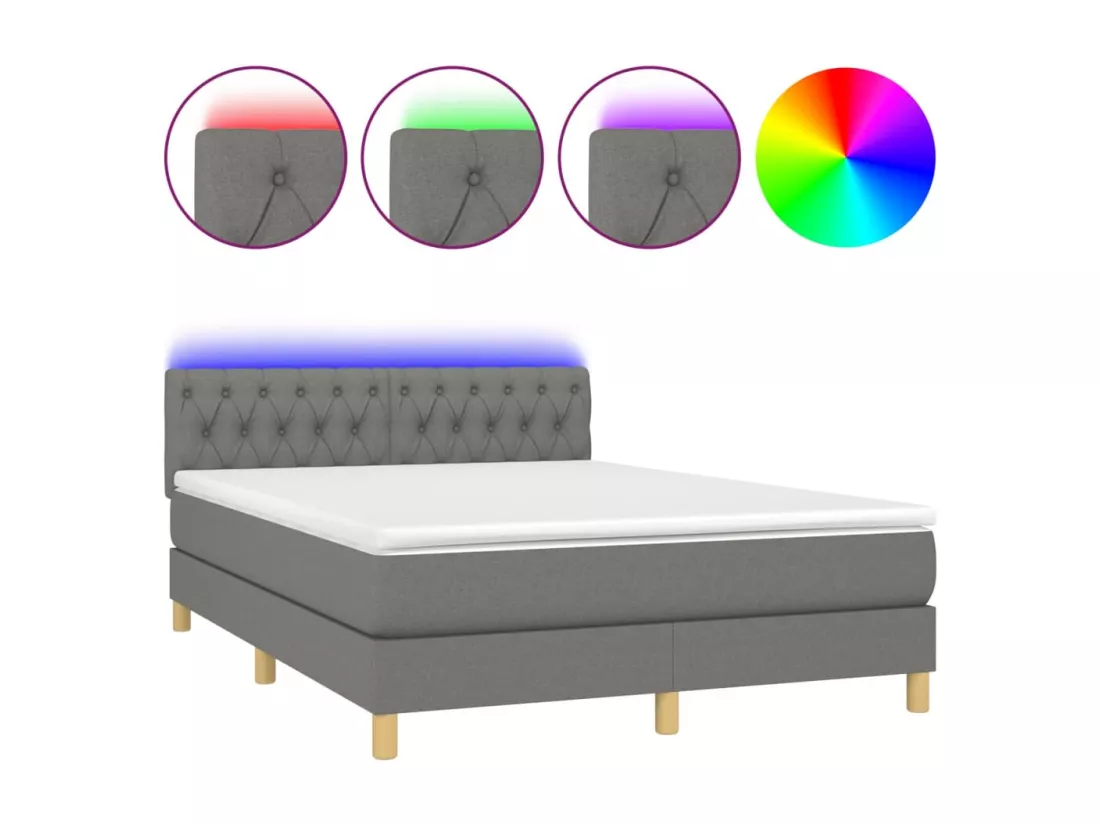 Sommier tapissier et matelas et LED Gris foncé 140x190 cm Tissu