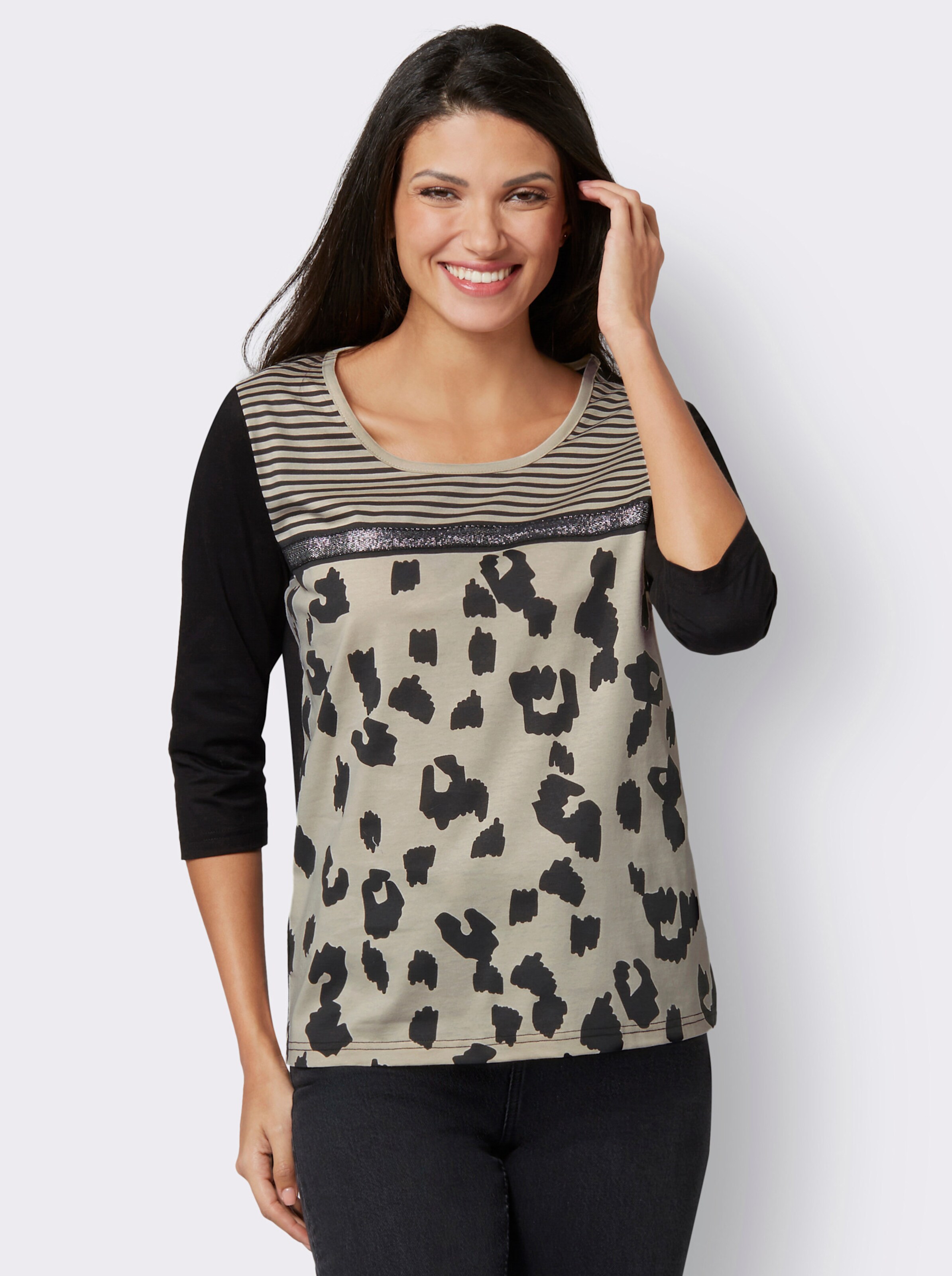 34-Arm-Shirt mit Streifen- und Leo-Muster